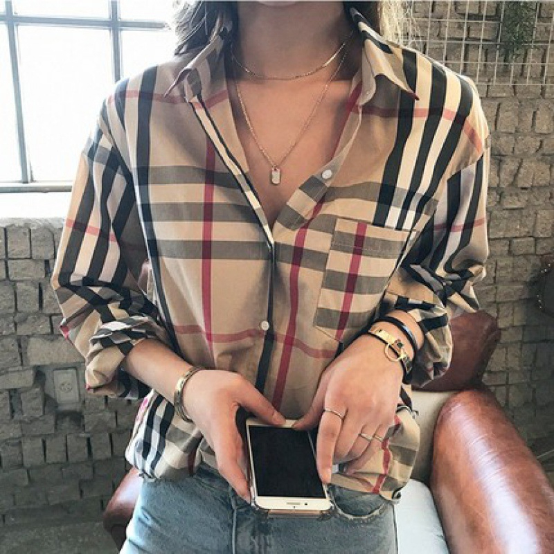 939 Women's Spring and Autumn Vintage Plaid Shirt Loose Long Sleeve Shirt Coat