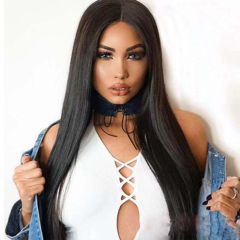 Ladie Long Straight Hair Synthetic Middle Part Black Wigs For Women