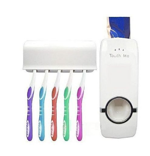 Touch Me Toothpaste Dispenser + 5 Slot Tooth Brush Holder - White