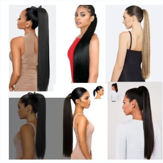 Wig synthetic long straight hair, tied ponytail, simulation, ponytail 