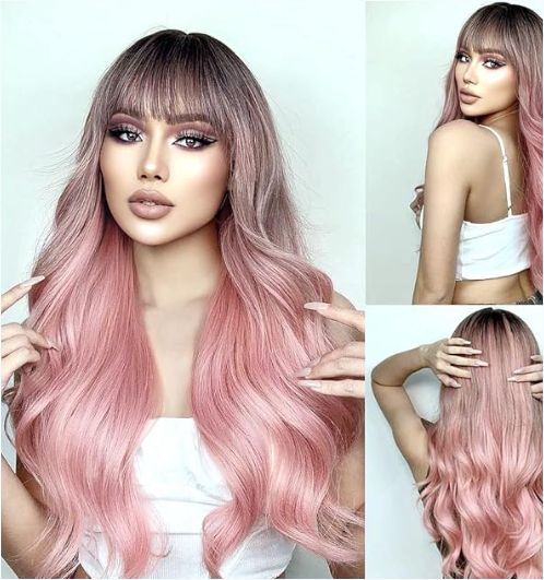 Pink Wigs for Women, Wavy Curly Wigs, No Lace Colored Wigs with Bangs, Ombre Black to Pink Wig, Synthetic Wigs 