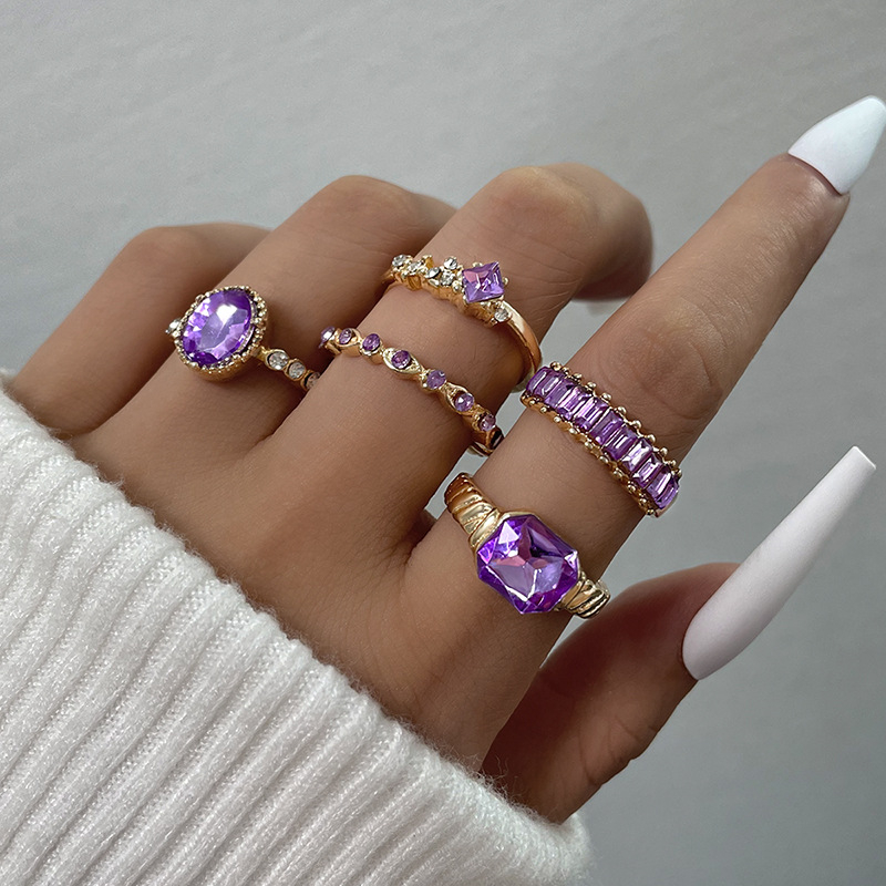 Women's New Purple Rhinestone Ring Diamond Droplet Gemstone Ring Set Of 5