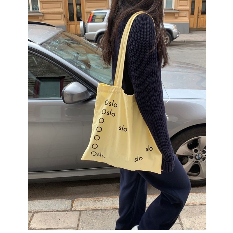 Korean Style Ins Oslo Letter Prints Fresh Simple Cream Goose Yellow Shoulder Canvas Bag Letter Cloth Bag