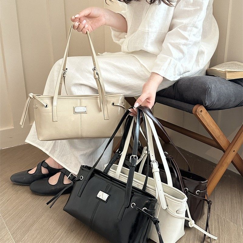 Women's Chic PU Leather Shoulder Tote Bag, Adjustable Strap Casual Handbag with Drawstring Sides, Versatile Daily & Commuter Bag in 4 Colors
