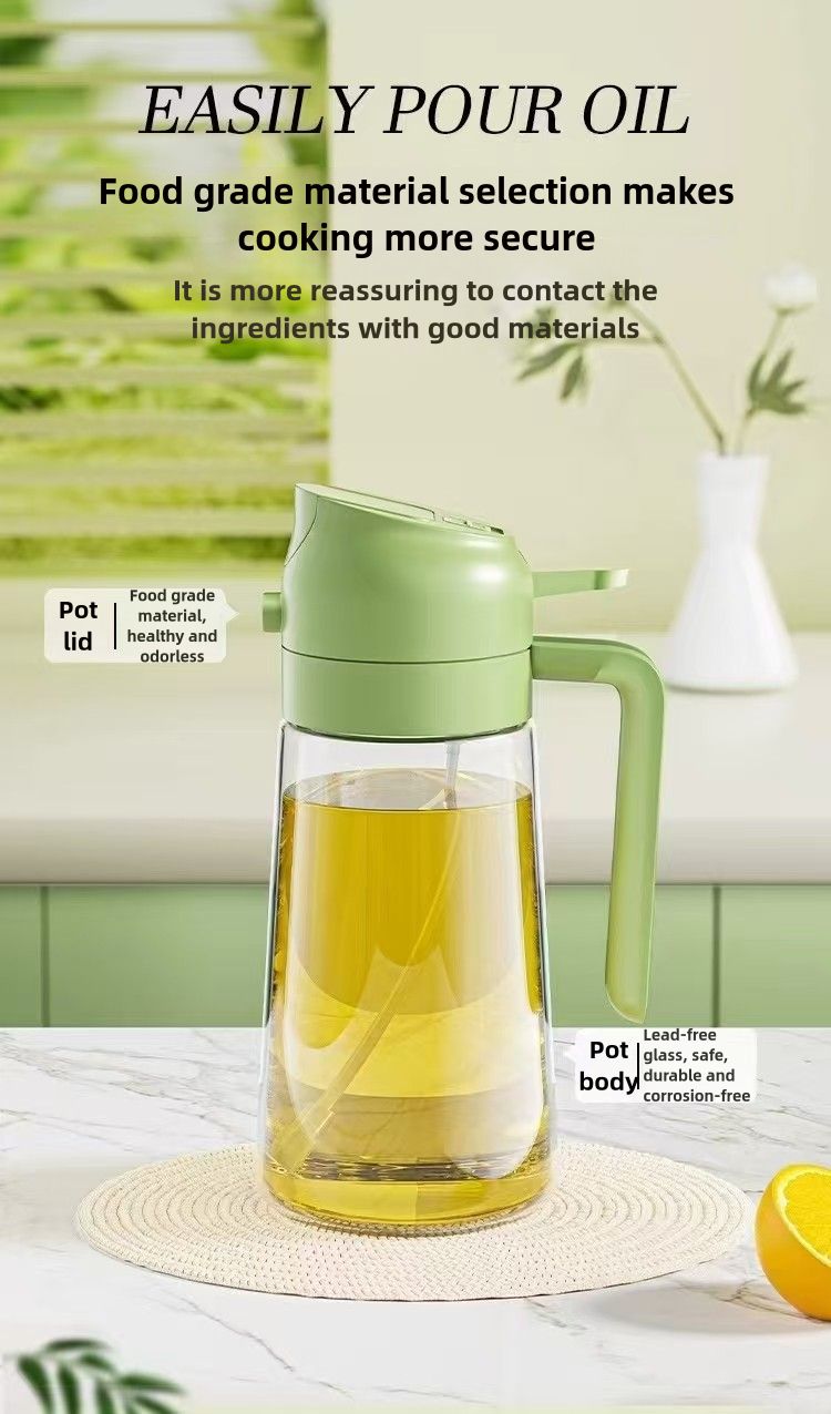 470ml Glass Oil Dispenser Bottle - Dual-Function Spray & Pour, Wide Mouth, Leak-Proof Design, Ergonomic One-Handed Use, Easy to Clean, Drip-Free Kitchen Oil Container  