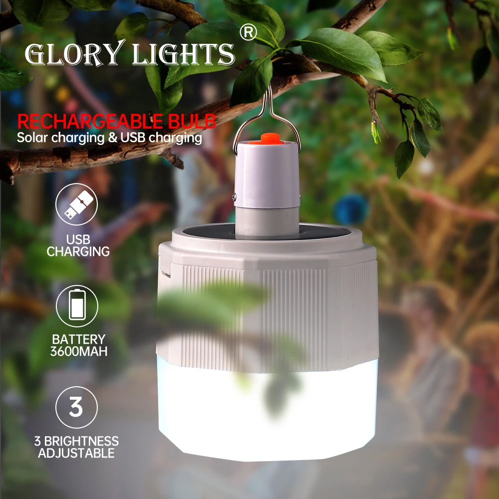 Glory lights Solar rechargeable camping light bulb 120W portable usb rechargeable &solar charging battery powered dimmable solar camping lamps