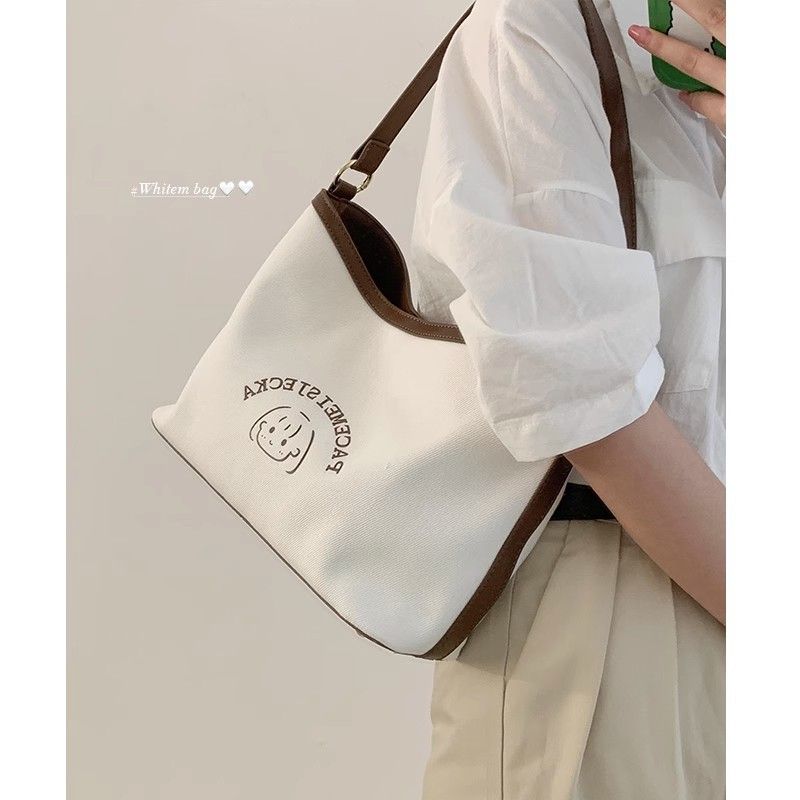 32584 Capacity Solid Color Cute Letter Cartoon Print Casual Simple Bucket Travel Tote Shoulder Bag Handbag Crossbody For Women