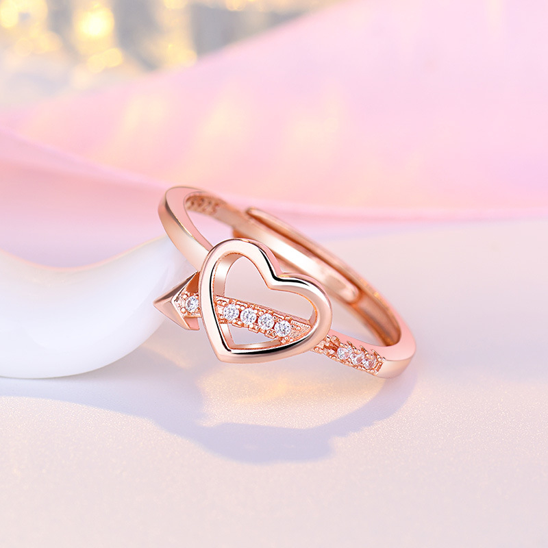 J209 Women's Arrow Piercing Heart Rings Shiny Crystal Rose Gold Opening Adjustment Ring Jewelry