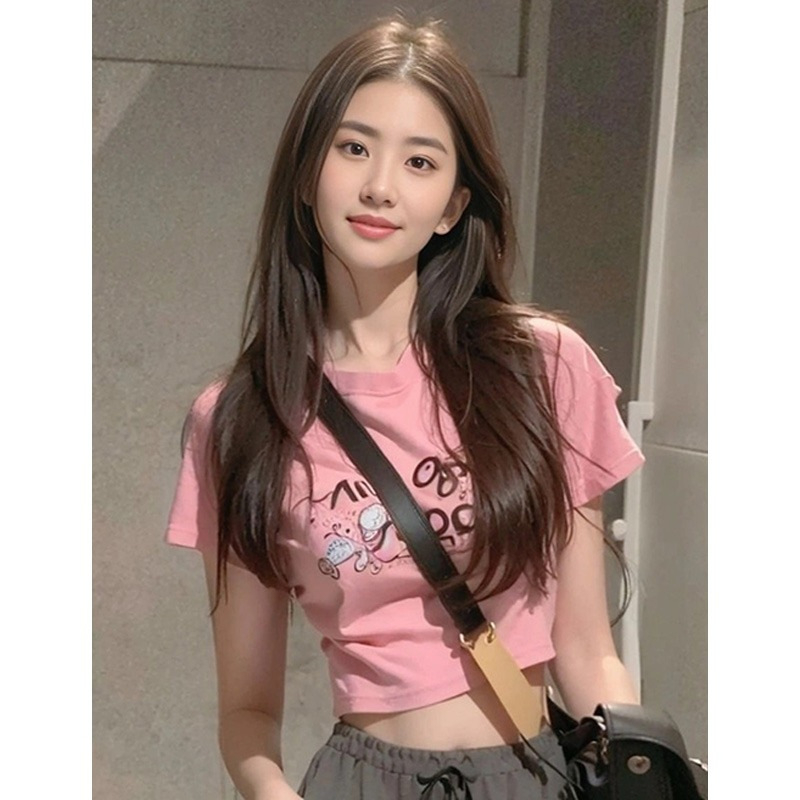 D1059 Women's Summer Niche Tight Short Top with Exposed Navel Short Sleeve Round Neck T-Shirt