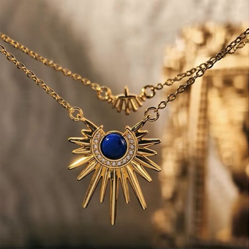 Multi layer necklace Geometric solar ray pendant necklace, double layered diamond studded collarbone chain