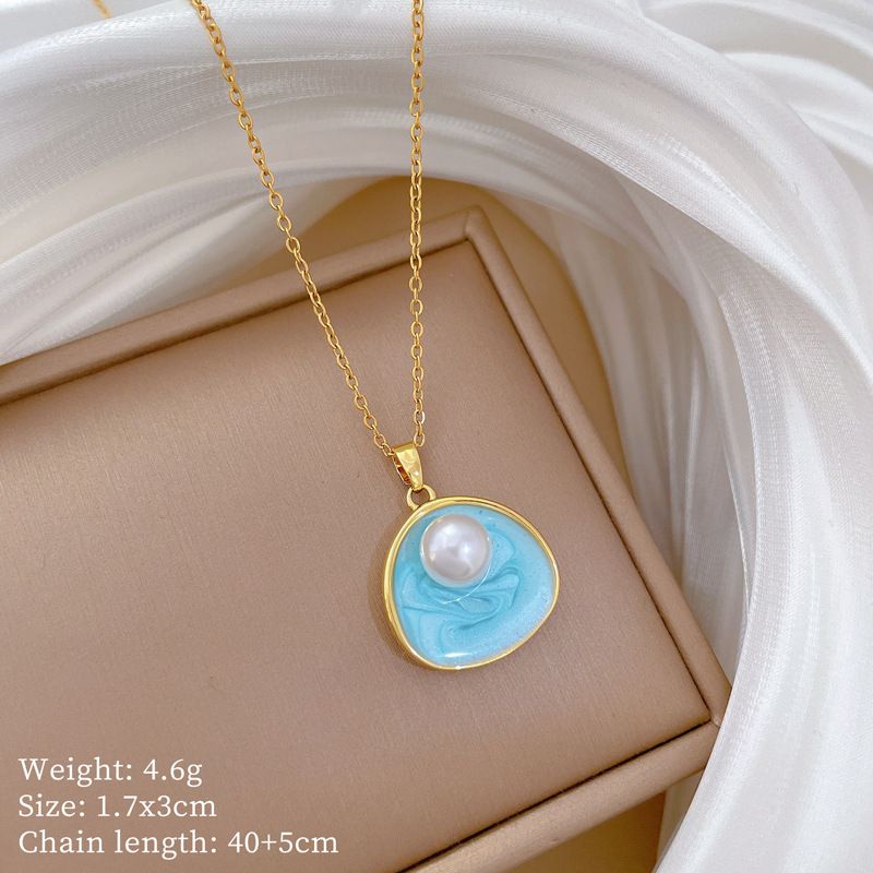 Women Titanium Steel Irregular Enamel Pearl Pendant Clavicle Necklace, Light‑Luxury Swirl Blue Drip‑Oil Charm Necklace, Elegant Minimalist Fashion Neck Jewelry, Adjustable 40+5cm Chain, Versatile Daily Dating Casual Accessory Gift for Ladies