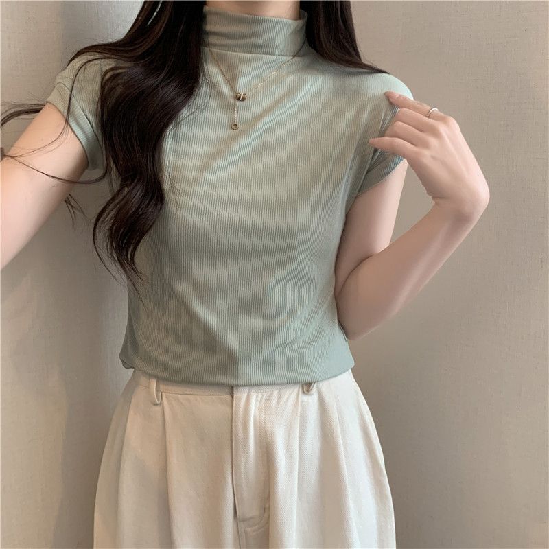 YF7781 Elegant Turtleneck Knitted Sweater Women Solid Basic Cropped Pullovers Short Sleeve Fashion Knitwear Clothing
