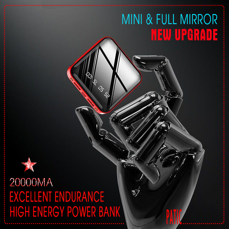 Multi Functional Portable Mobile Power Supply, Power Bank, High Speed Charging ( Square, full mirror screen, Flashlight + Dual USB, Integrated compression type high capacity battery pack) (Red / Blue)