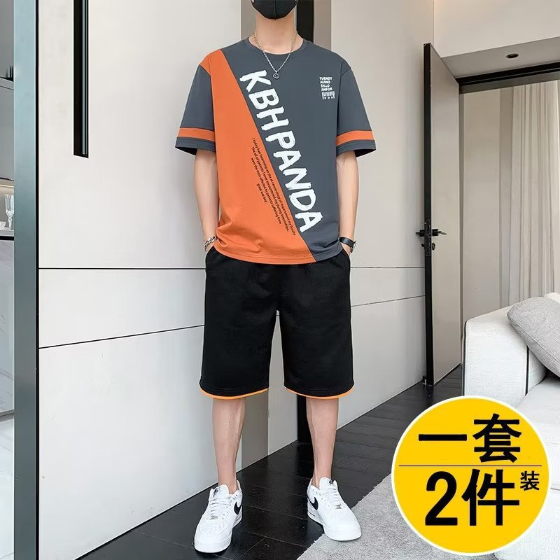 96FS Men's Summer Casual Sports Suit Simple Print T-Shirt