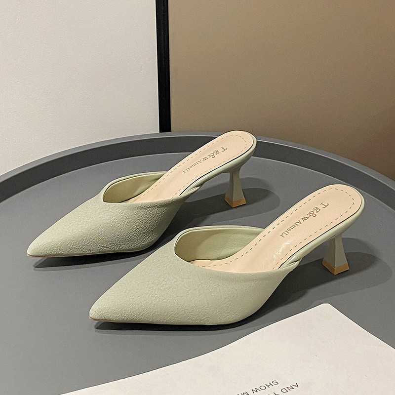 High Heel Slippers New Women's Mules Shoes Pointed Toe Closed Toe Half Slippers Women's Stiletto Heel Fashion SandalsLight Green