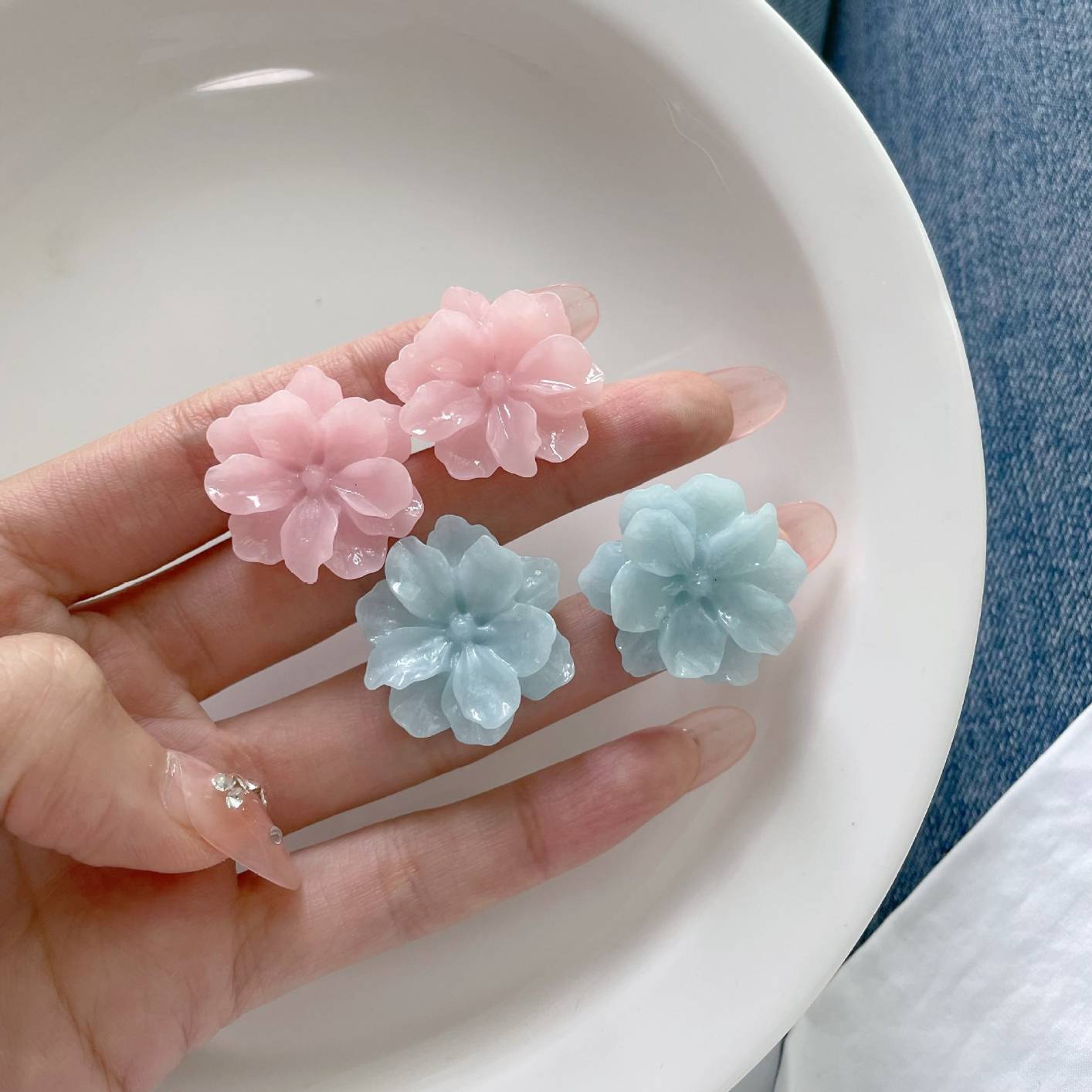 Women's Simple Pink Blue Gardenia Stud Earrings Jewelry Gift