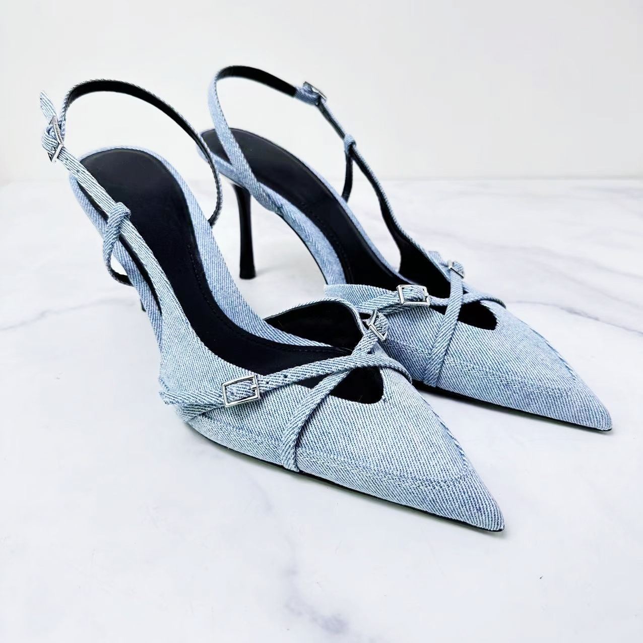 ZA2024 spring/summer new denim shallow mouth lacing hollow head sexy stiletto fashion sandals Muller shoes