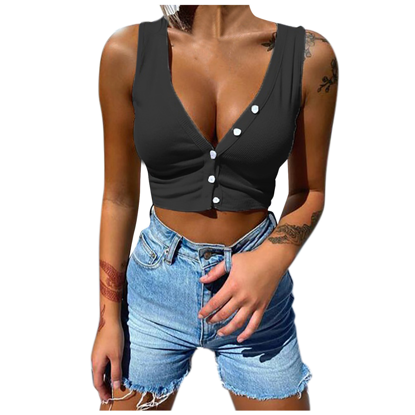 women's button-up top, crop top V-neck design, sexy girl tight short sleeves