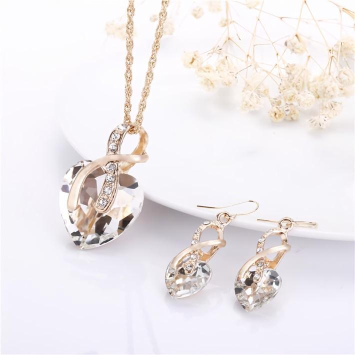 Huadeer Vintage Female Rainbow Crystal Jewelry Set Charm Gold Color Dangle Earrings For Women Simple Love Heart Wedding Chain Necklace