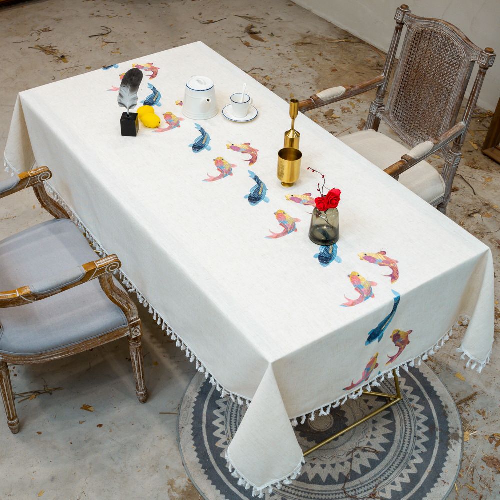 HG-Zb-013-CHT New Cotton Linen Tassel Tablecloth Patterns Embroidered Tablecloth