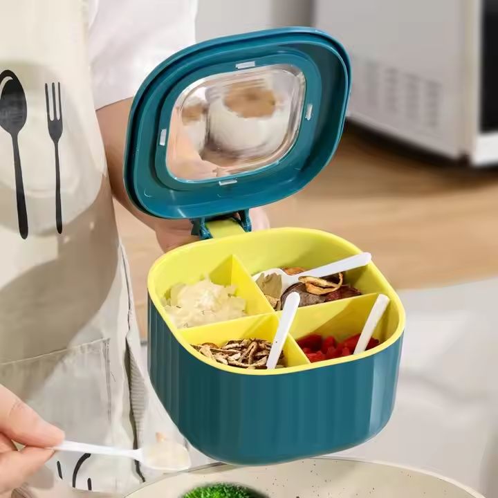 AUNONT Kitchen 4-Grid Integrated Seasoning Box with Spoon Lid Multi-Grid Storage Clearanced Seasoning Tank