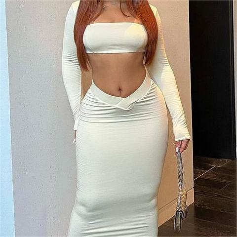 JSD710696 Women's Fashion Casual Solid Color Sexy Wrapped Chest Top Long Sleeve Crop Top Half Body Skirt Set