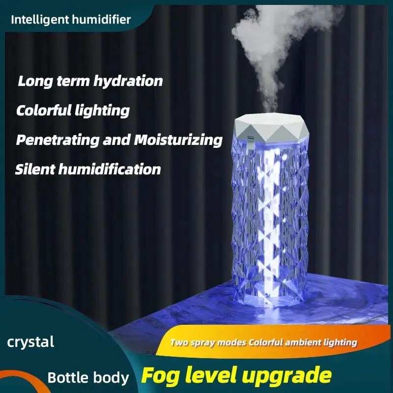 Crystal Lamp Humidifier with Colorful Atmosphere Light Silent Ultrasonic Humidifier 2 Adjustable Mist Modes for Home Bedroom