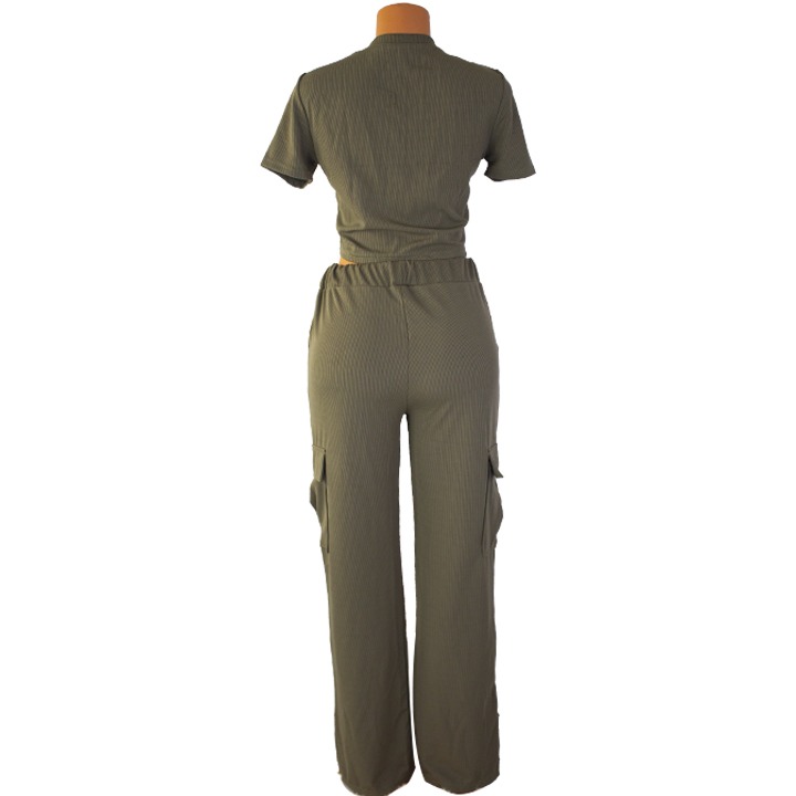 Casual Women Two Piece Outfit Sport Fitness 2pcs Trousers Suits short sleeve tops and pocket pants suits