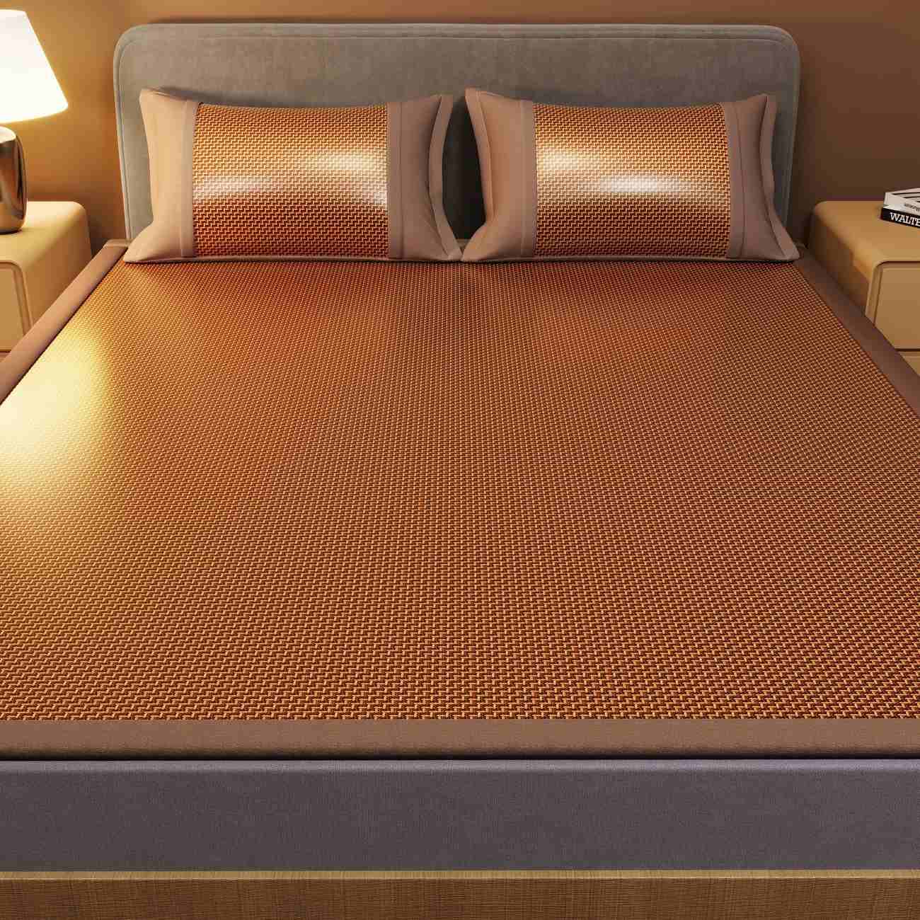 2-Sided Rattan Cooling Mat Full Wrap Foldable Summer Cooling Bed Mat with Ice Silk Reverse Anti-Slip Washable Air Conditioner Soft Mattress 3 Piece Set