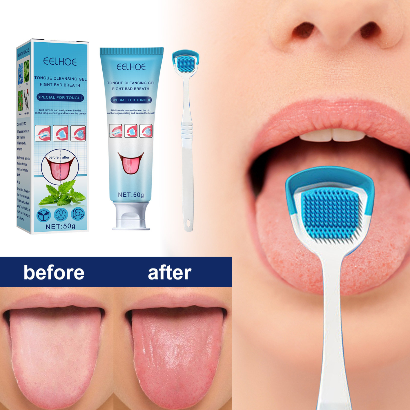 Tongue Scraper Precise Cleaning Brush Kit, Tongue Cleaning Gel Tongue Brush Easy To Use Tongue Scrubber for Men Women, 1 Pc Tongue Cleaning Gel and 1 Pc Tongue Brush
