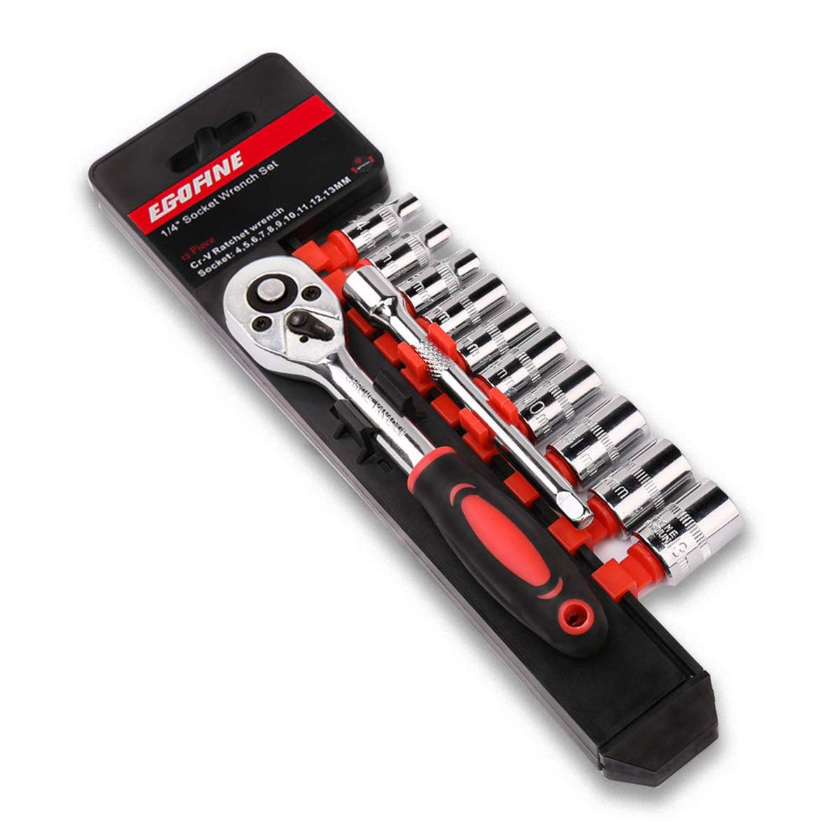 12pcs 1/4 Inch Ratchet Socket Wrench Set, Drive Socket Set with 10 Sockets (4-13mm) and 2 Way Quick Released Ratchet Handle and Extension Bar