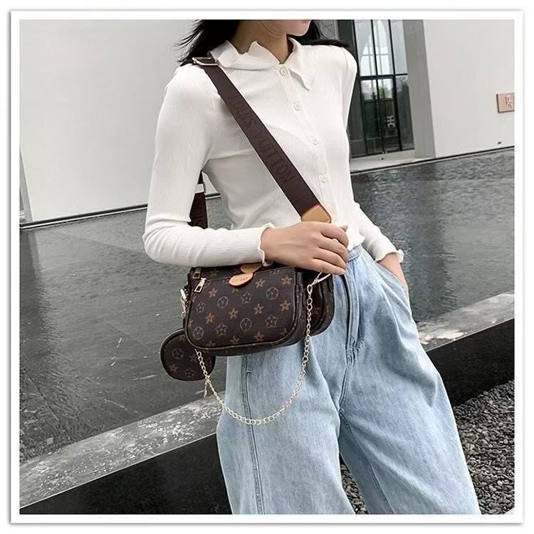 new trendy presbyopia bag 3 piece sets bag one-shoulder lady messenger female bag mini underarm coin pursBrown