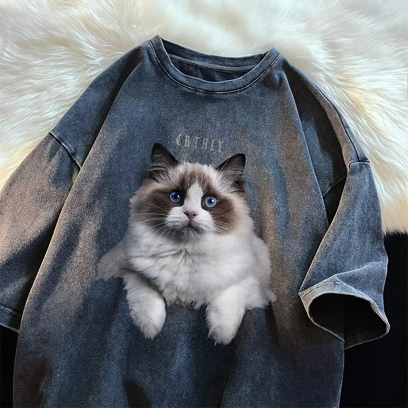 B168 Fashion Casual Cat Print Graphic T-shirt Men and Women Retro Loose Fitting Cotton Couple Short Sleeved Hip-Hop Top