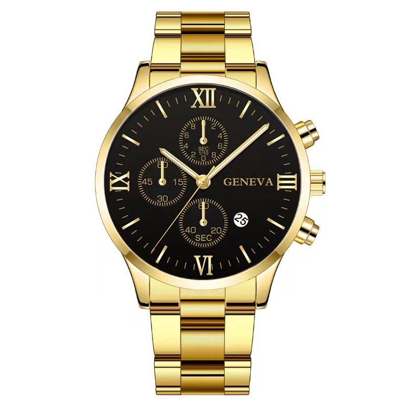 Calendar steel band watch men's large dial quartz watch men's watch foreign trade men's watch4 o'clock with calendar gold