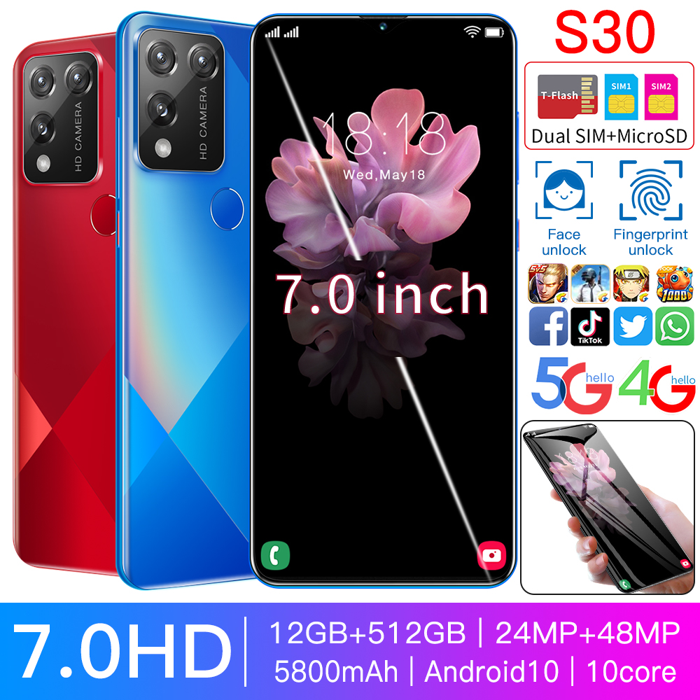 S30 Smartphone 7.0Inch Full screen 12GB RAM+512GB ROM Dual Sim Dual Standby Face Recognition Mobile Phone