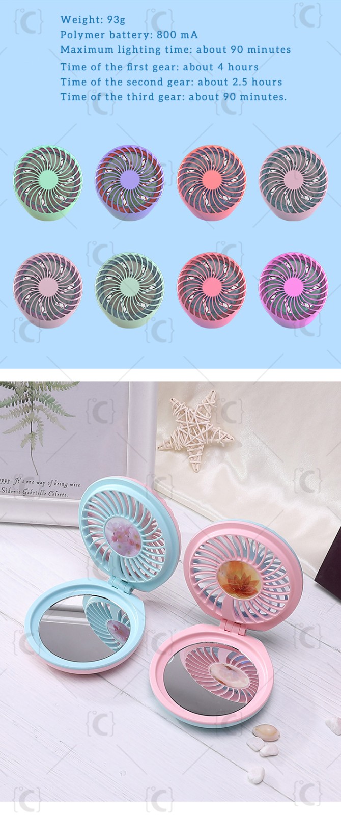  
Tospino,LED, color, makeup, mirror, portable, hand-held, mini, mirror fan, 3 gear speed rechargeable with color LED light