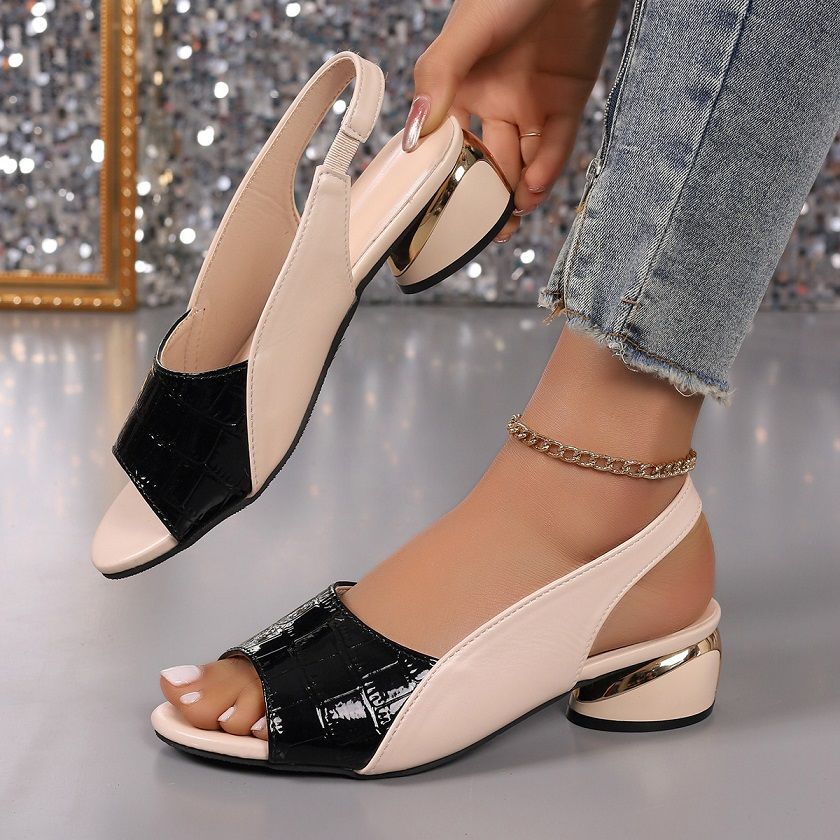 Women's Two-Tone Croc-Embossed Peep-Toe Slingback Sandals, Soft Leather Low Block Heel Shoes, Elastic Back Comfortable Dress Sandals, 4 Colors Available, EU Size 36-41
