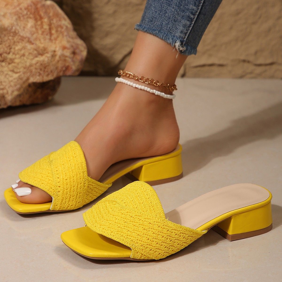2025 Summer New Cross-Strap Wedge Sandals Women's Knitted Fabric Slide Mule Large Size Fashion