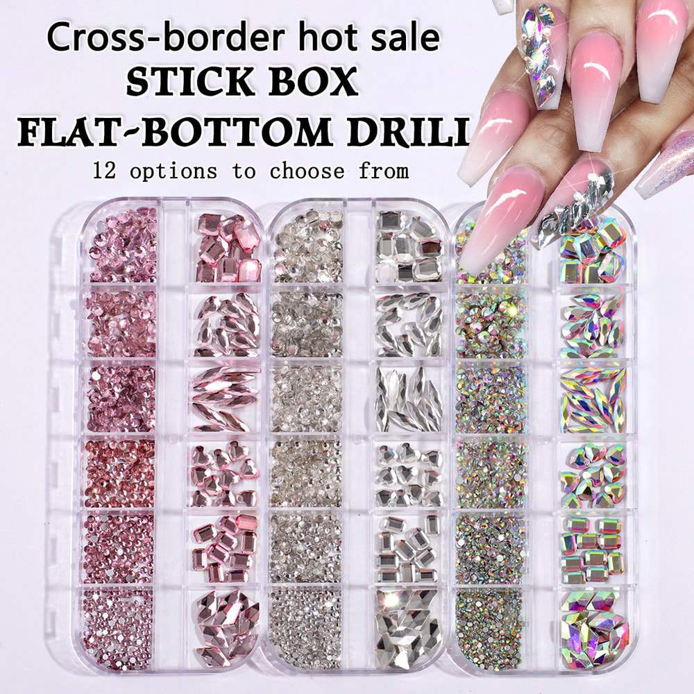 12Grids Pink Mixed Nail Rhinestones Luxury Nail Charms Glitter Crystal Jewelry Gems Nail Art Decoration Manicure Rhinestones R#Q