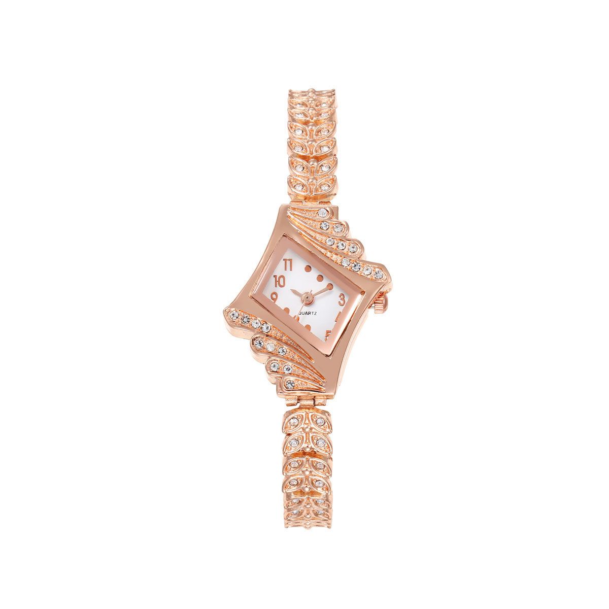 Women Rose Gold Designer Crystal Watch with Matching Crystal Prismatic Case Rhinestone Mounted Wheat Ears Bracelet Band Fashion WristwatchRose Gold