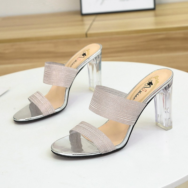 2069 Women's High Heel Sandals Chunky Block Clear Heels Slides Sparky Strap Slip-on Mules