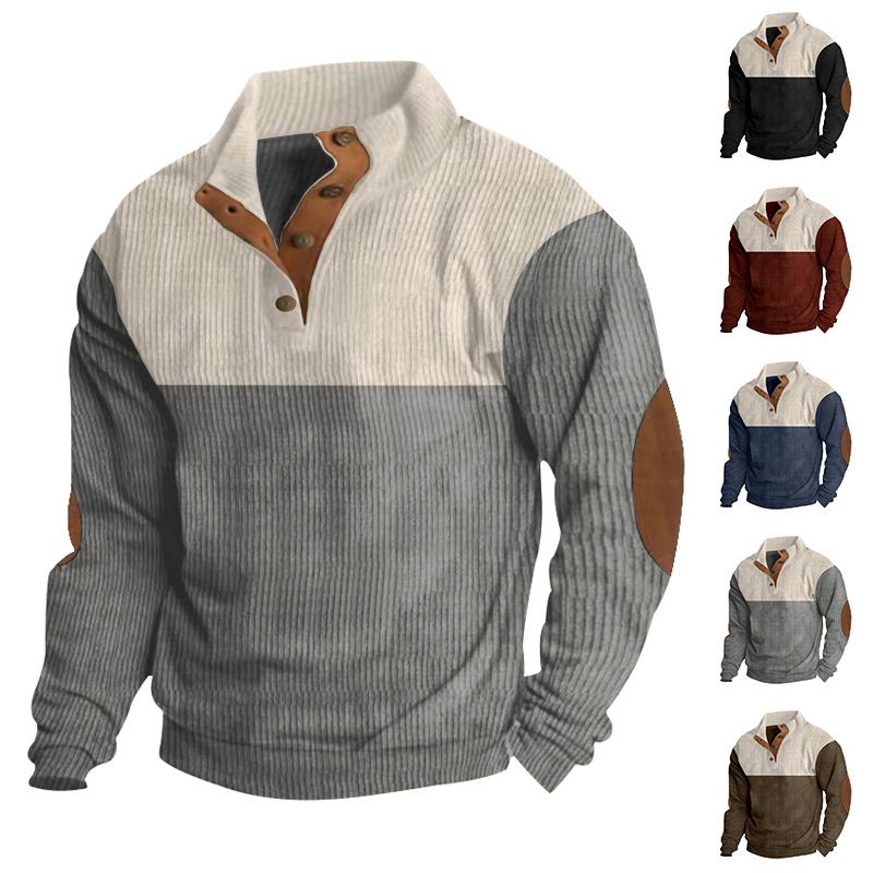 Men's Clothing Tops Sweatshirts Men's Casual Color Blocked Lapel Sweatshirt with Corduroy Stand up Collar for Autumn Winter