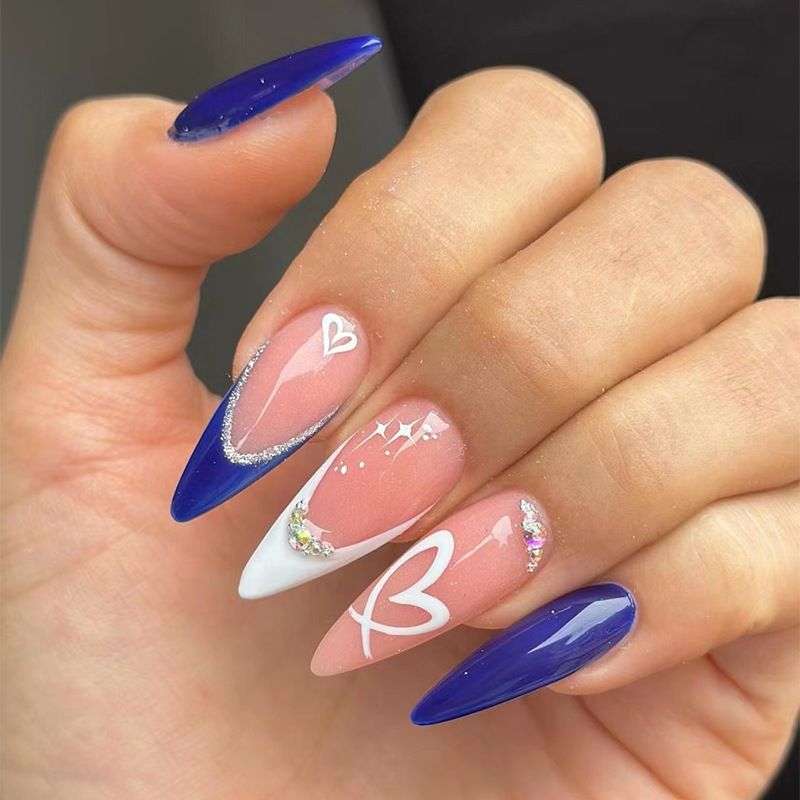 Z861 Glossy Press on Nails, Medium Stiletto Blue Heart Printes Glitter French Style Fake Nails, Full Cover Artificial False Nails for Women and Girls
