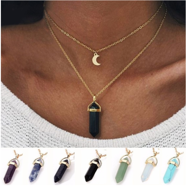 NJ34600 Necklaces for Women&Man-Himtak,Natural Stone Crystal Glass Hexagon Column Pendant Necklace