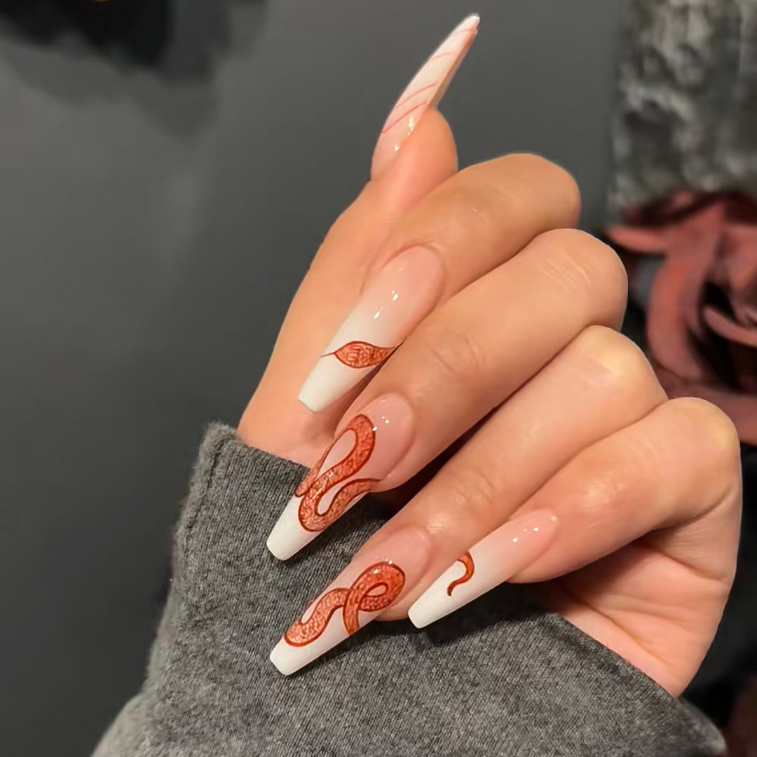 JP2611 Glossy Press on Nails, Super Long Coffin Nude White Gradient Red Snake Pattern Fake Nails, Full Cover Artificial False Nails for Women and Girls
