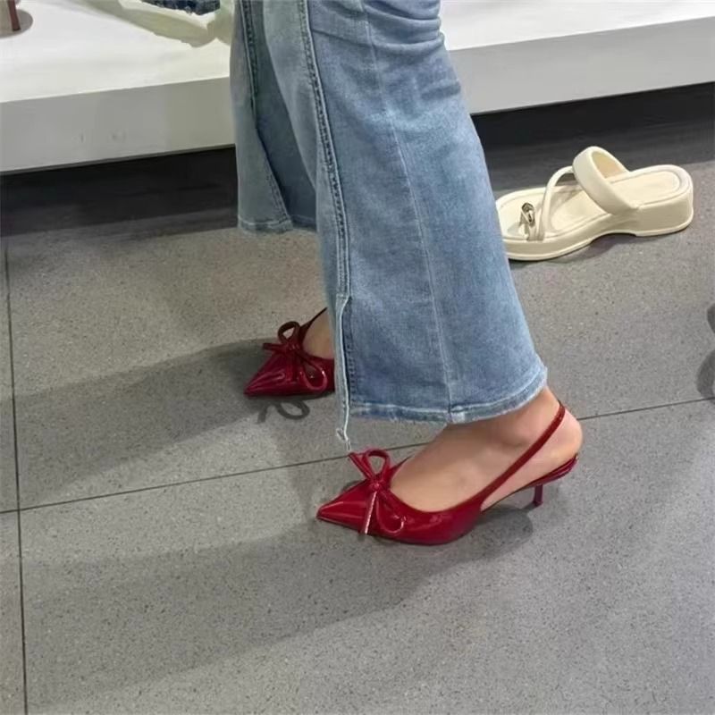 European and American style bow high-heeled pointed-toe sandals for women in summer 2025, red patent leather pointed-toe mules single shoes