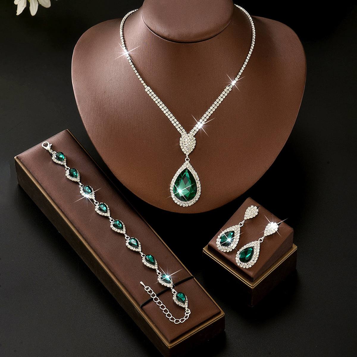 Silver Plated Vintage Court Style Teardrop Colored Rhinestone 3Pcs Jewelry Set Water Drop Pendant Choker Necklace Drop Earrings Link Bracelet Luxury Elegant Bridal Wedding Evening Banquet Prom Formal Gown Matching Women Fashion Statement Accessories, White Red Blue Green Black Multi Colors Available
