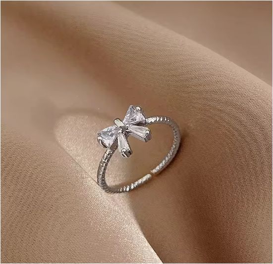 Exquisite Fashion Adjustable Sweet Temperament Silver Bow Jewellery Ring For Women
