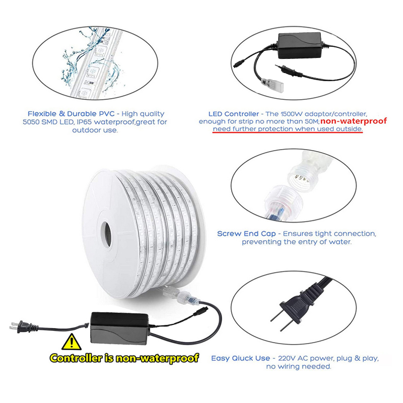Leopard Cat Flexible 100M/volume LED RGB Rope Light Strip, Multi Color Changing 60PCS SMD 5050 LEDs, 220V AC, Dimmable, Waterproof, Indoor / Outdoor Rope Lighting + Remote Controller -100M roll IP67 Waterproof RGB Dual Color Rope lighting