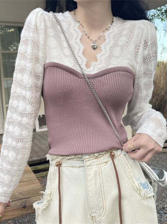 71022 Women's Fashion Design Sense Niche Lace Panels V-neck Long Sleeve Knit Fake Two Cropped Tops